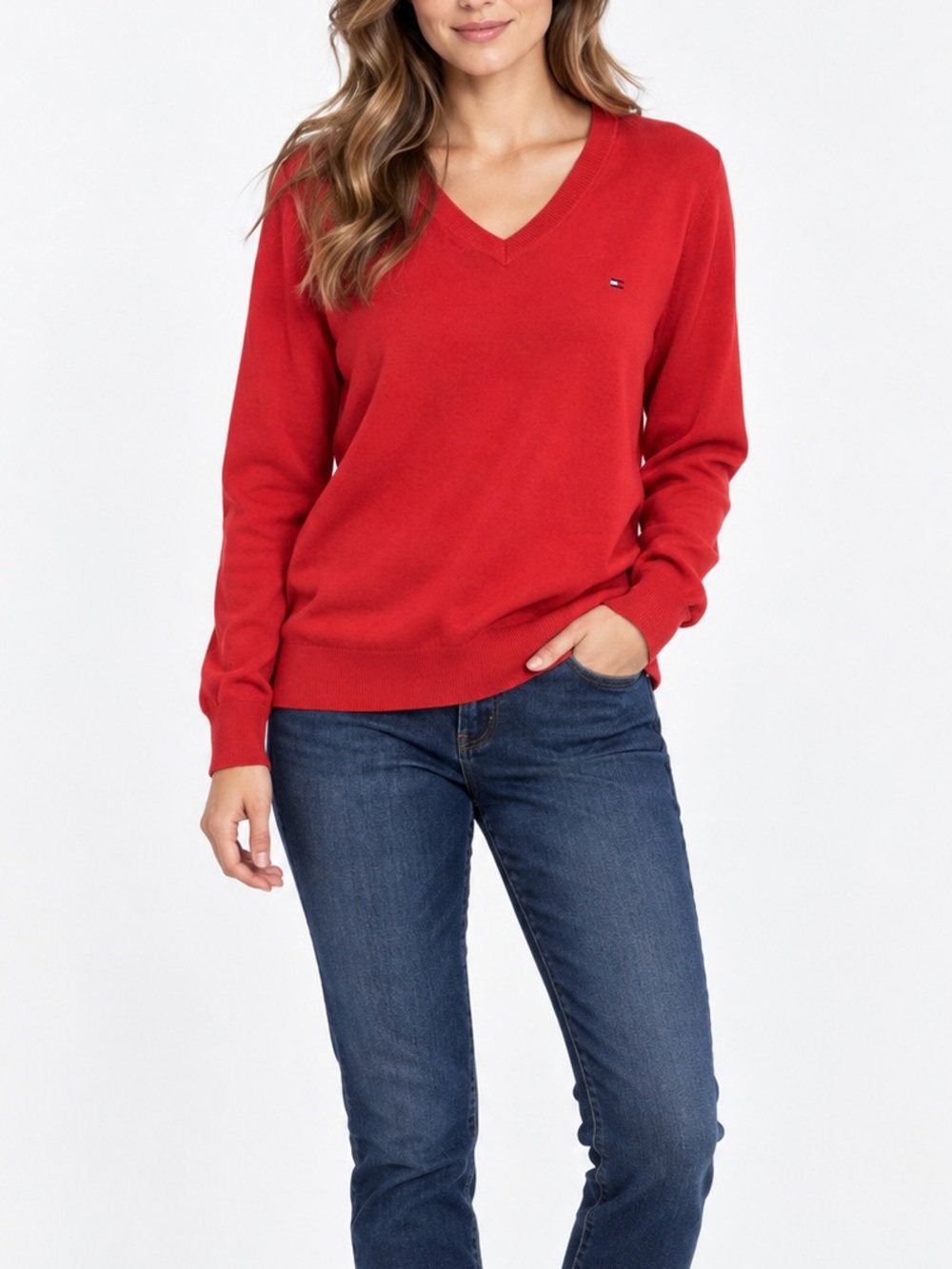 Tommy Hilfiger Red Cotton V-Neck Sweater M